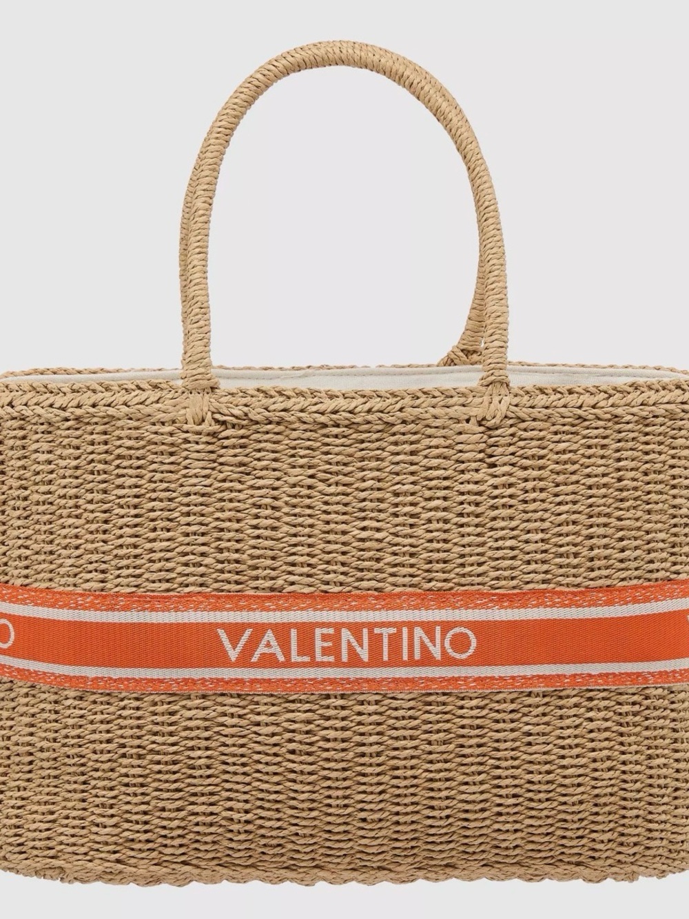 Valentino by Mario Valentino Natural Straw Tote with Orange Logo Band